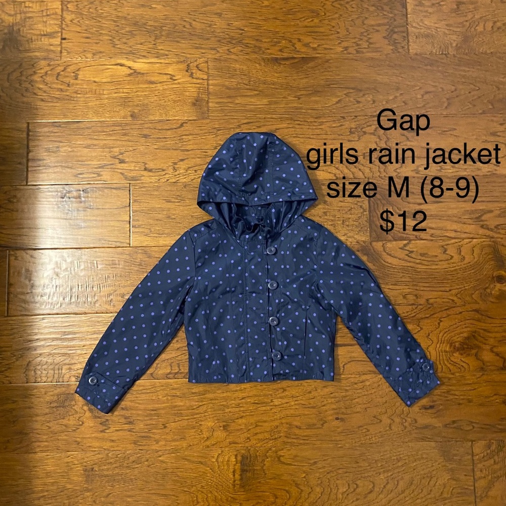 Gap girls navy rain jacket w/ lavender polka dots